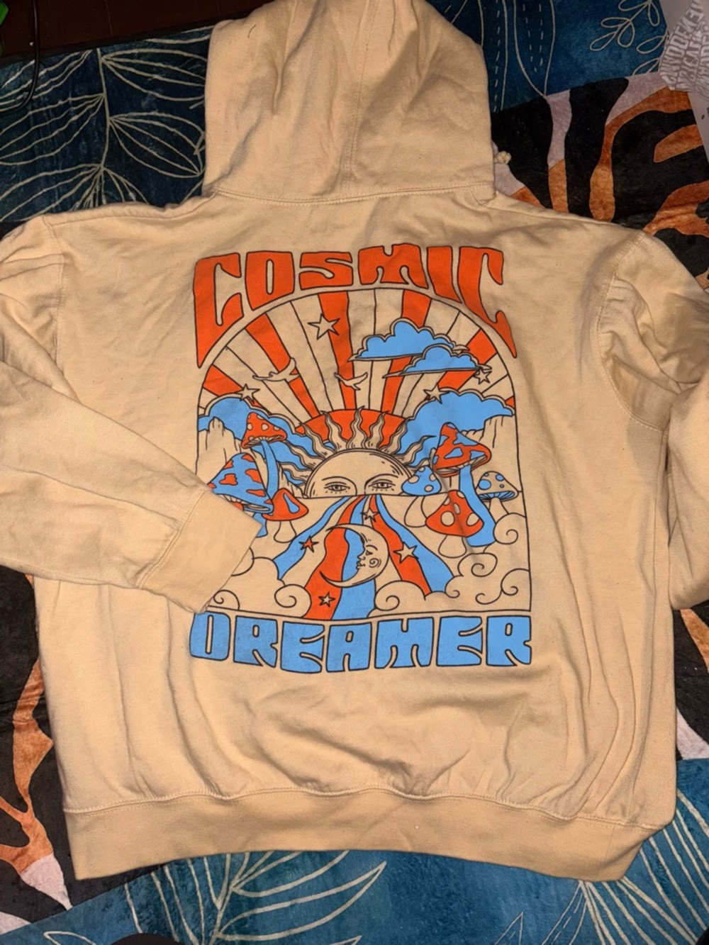 Cosmic Dreamer Graphic Hoodie - Cream with Orange & Blue Print